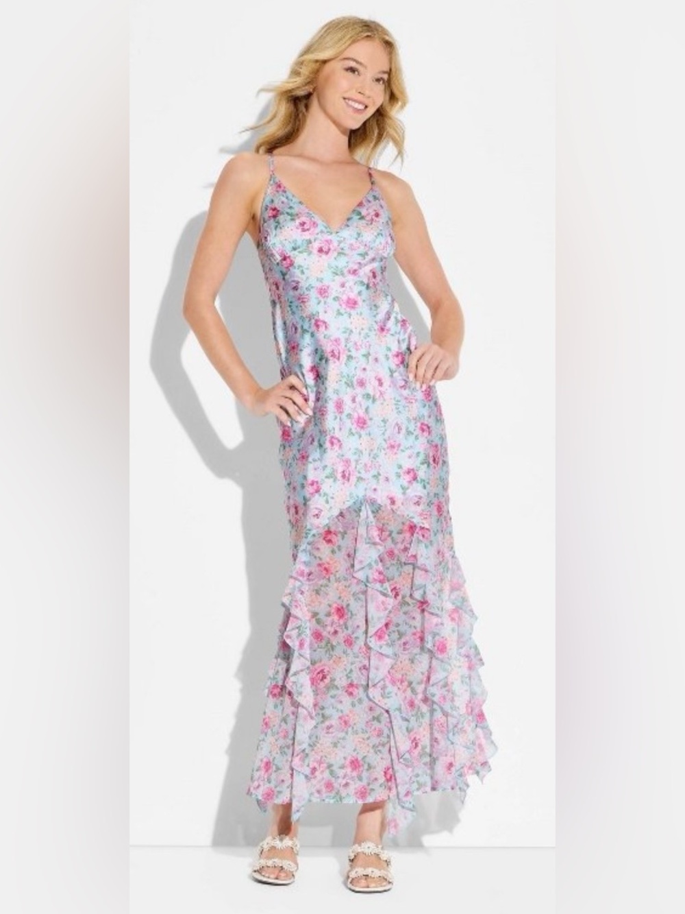 wild fable Floral Slip Maxi Dress in Light Blue and Pink